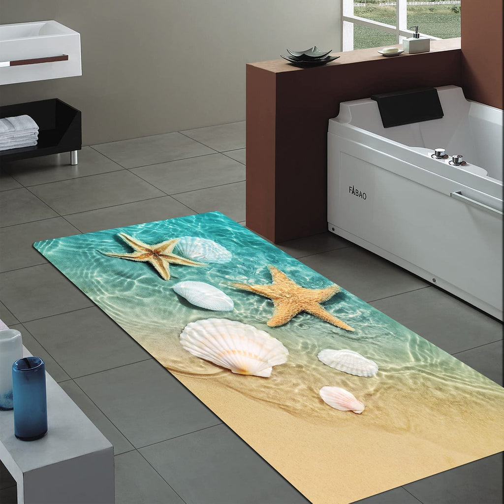 1pc Non Slip Bath Rugs Sponge Foam Rug, Durable Flannel Mat Bright 3D Print Rug, Seashell Print Mats For Laundry Room And Kitchen, Beach Starfish Scallop Decor Carpet