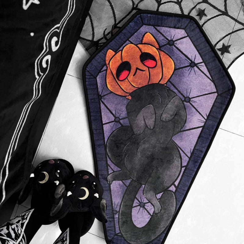 1pc Halloween Decor Pumpkin Cat Pattern Rug - Dark Style Fluffy Plush Rug - Gothic Living Room Bedroom Bedside Rug - Non-Slip Entry Door Mat