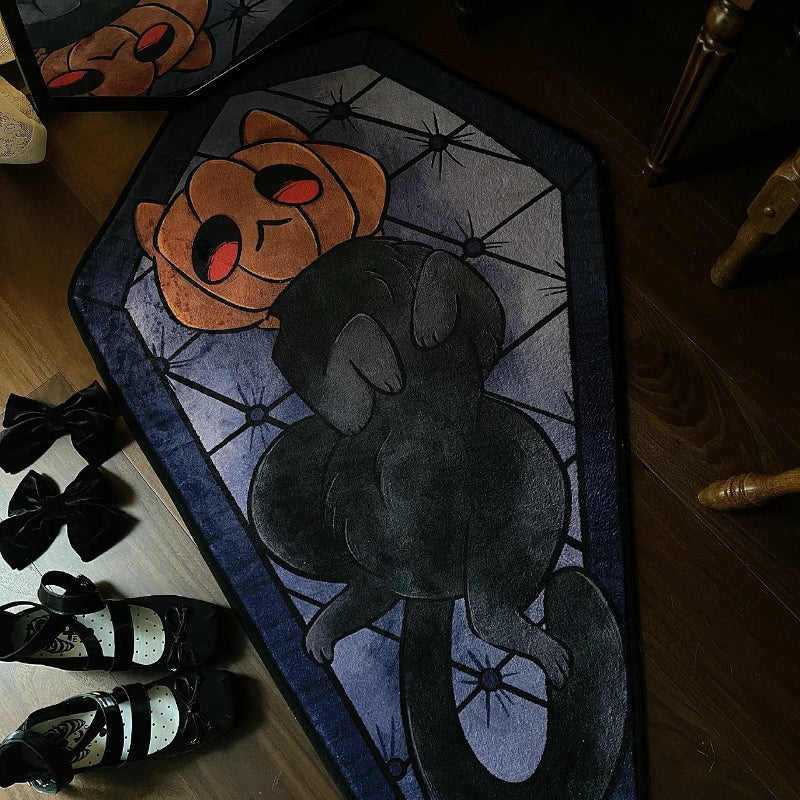 1pc Halloween Decor Pumpkin Cat Pattern Rug - Dark Style Fluffy Plush Rug - Gothic Living Room Bedroom Bedside Rug - Non-Slip Entry Door Mat