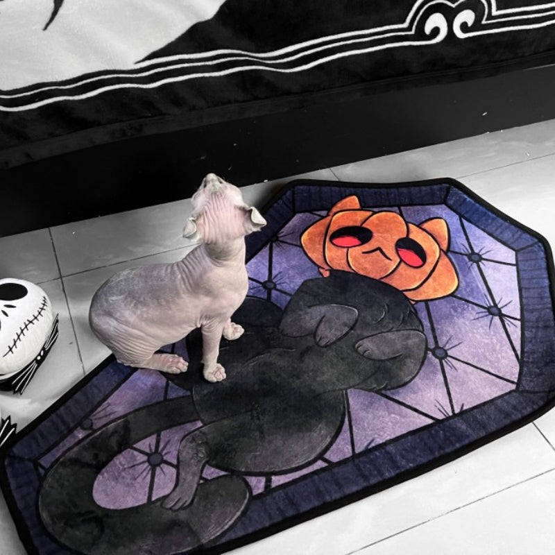 1pc Halloween Decor Pumpkin Cat Pattern Rug - Dark Style Fluffy Plush Rug - Gothic Living Room Bedroom Bedside Rug - Non-Slip Entry Door Mat
