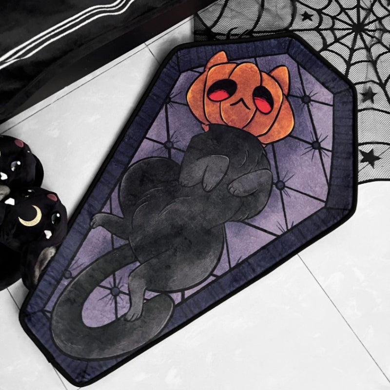 1pc Halloween Decor Pumpkin Cat Pattern Rug - Dark Style Fluffy Plush Rug - Gothic Living Room Bedroom Bedside Rug - Non-Slip Entry Door Mat