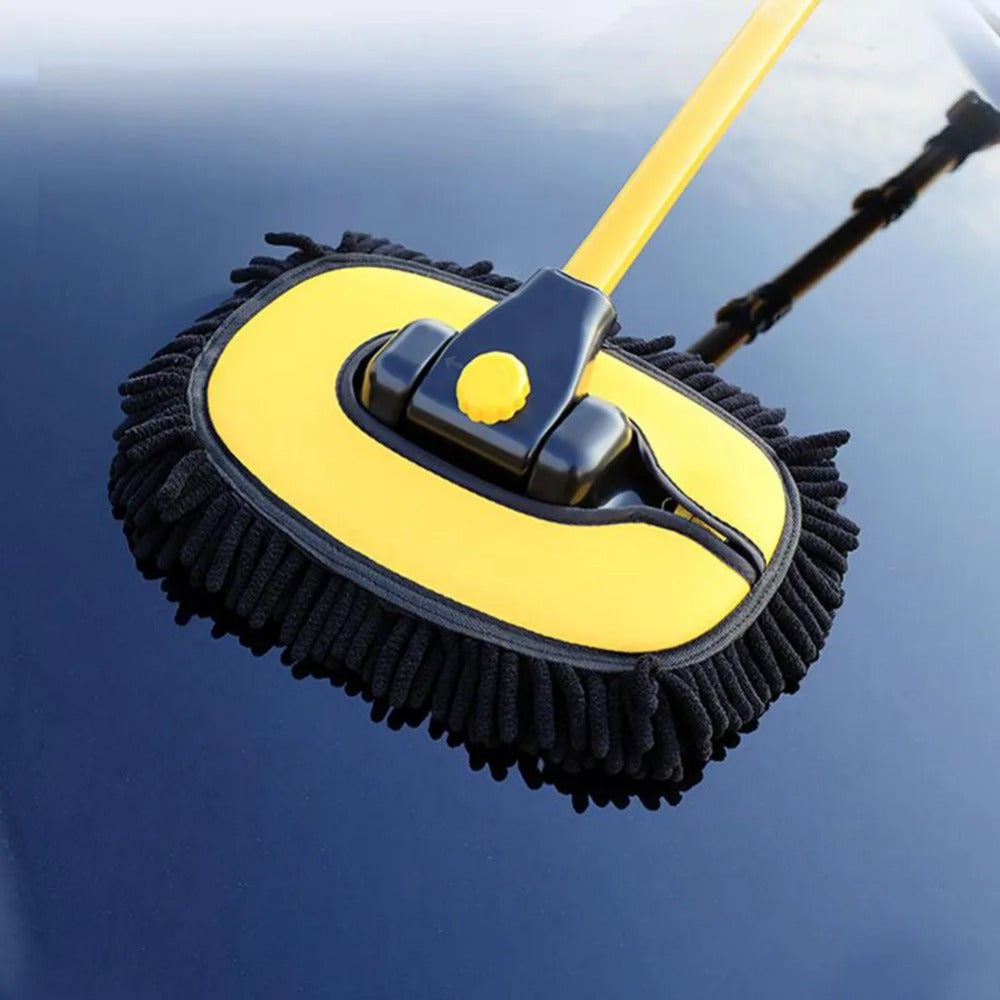 1x Yellow Car Wash Brush Telescoping Long Handle Cleaning Chenille Mop Brushes Tool Kit Direct Installation Universal Fitment