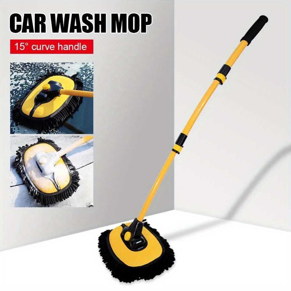 1x Yellow Car Wash Brush Telescoping Long Handle Cleaning Chenille Mop Brushes Tool Kit Direct Installation Universal Fitment