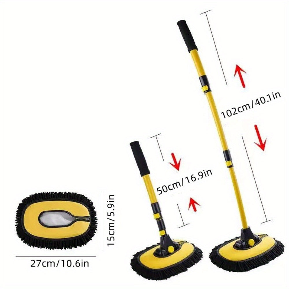 1x Yellow Car Wash Brush Telescoping Long Handle Cleaning Chenille Mop Brushes Tool Kit Direct Installation Universal Fitment