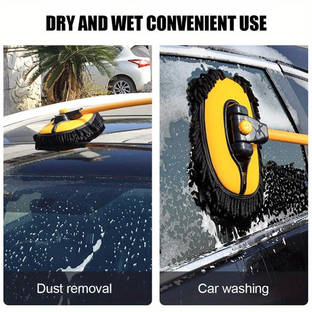 1x Yellow Car Wash Brush Telescoping Long Handle Cleaning Chenille Mop Brushes Tool Kit Direct Installation Universal Fitment