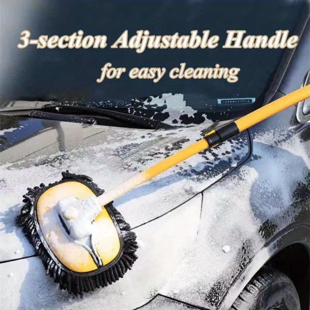 1x Yellow Car Wash Brush Telescoping Long Handle Cleaning Chenille Mop Brushes Tool Kit Direct Installation Universal Fitment