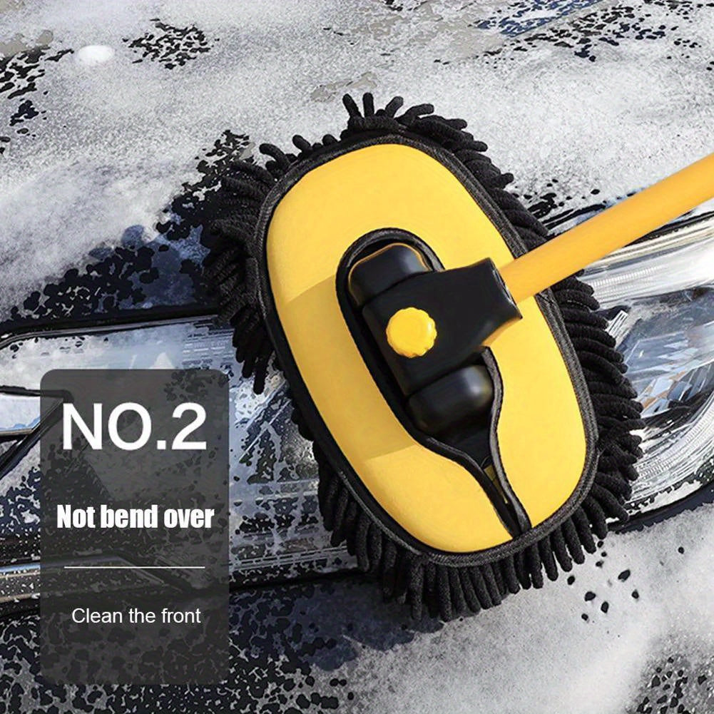 1x Yellow Car Wash Brush Telescoping Long Handle Cleaning Chenille Mop Brushes Tool Kit Direct Installation Universal Fitment