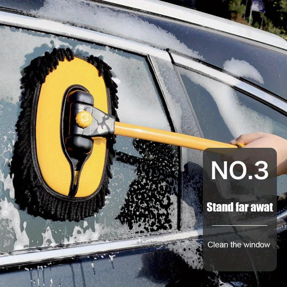 1x Yellow Car Wash Brush Telescoping Long Handle Cleaning Chenille Mop Brushes Tool Kit Direct Installation Universal Fitment