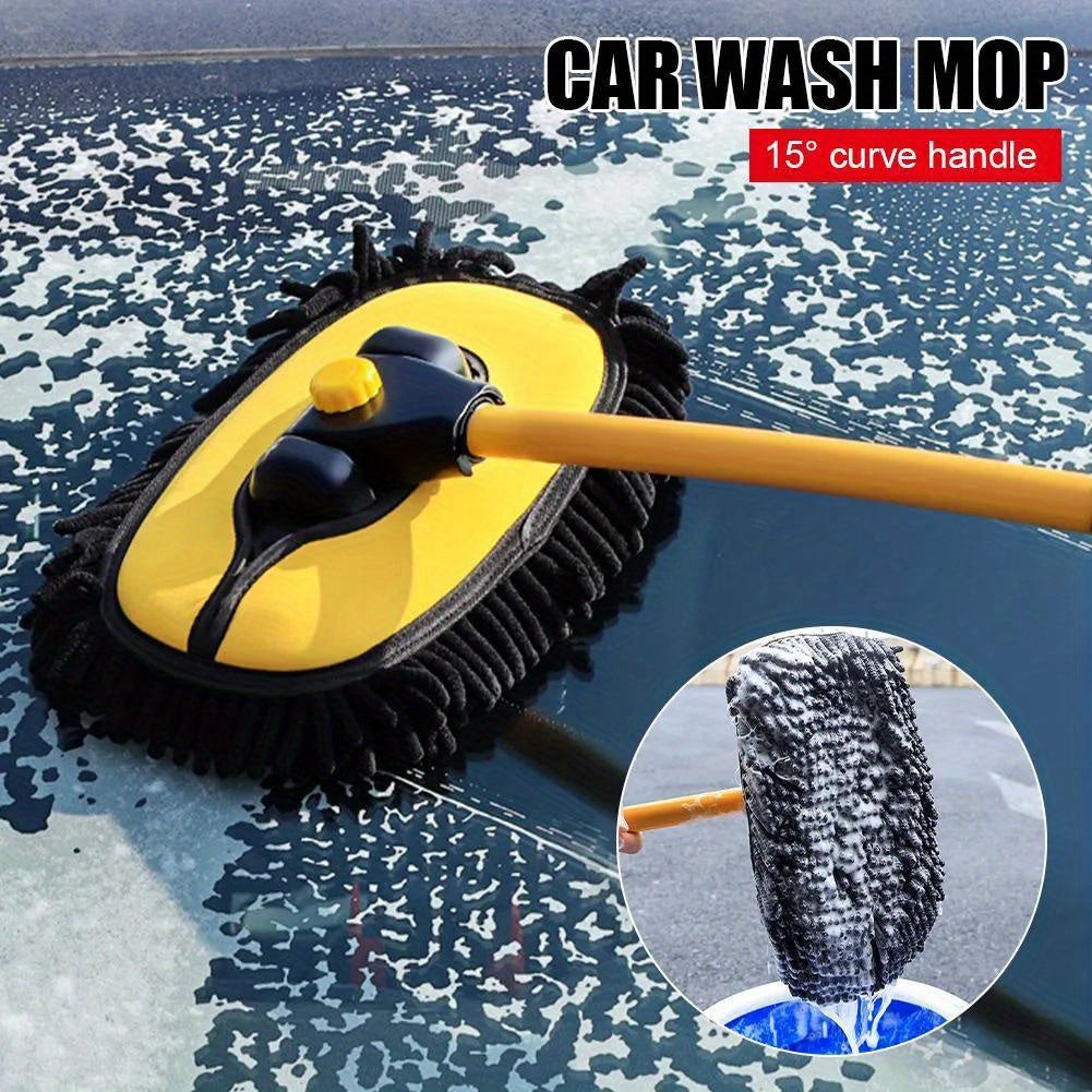1x Yellow Car Wash Brush Telescoping Long Handle Cleaning Chenille Mop Brushes Tool Kit Direct Installation Universal Fitment