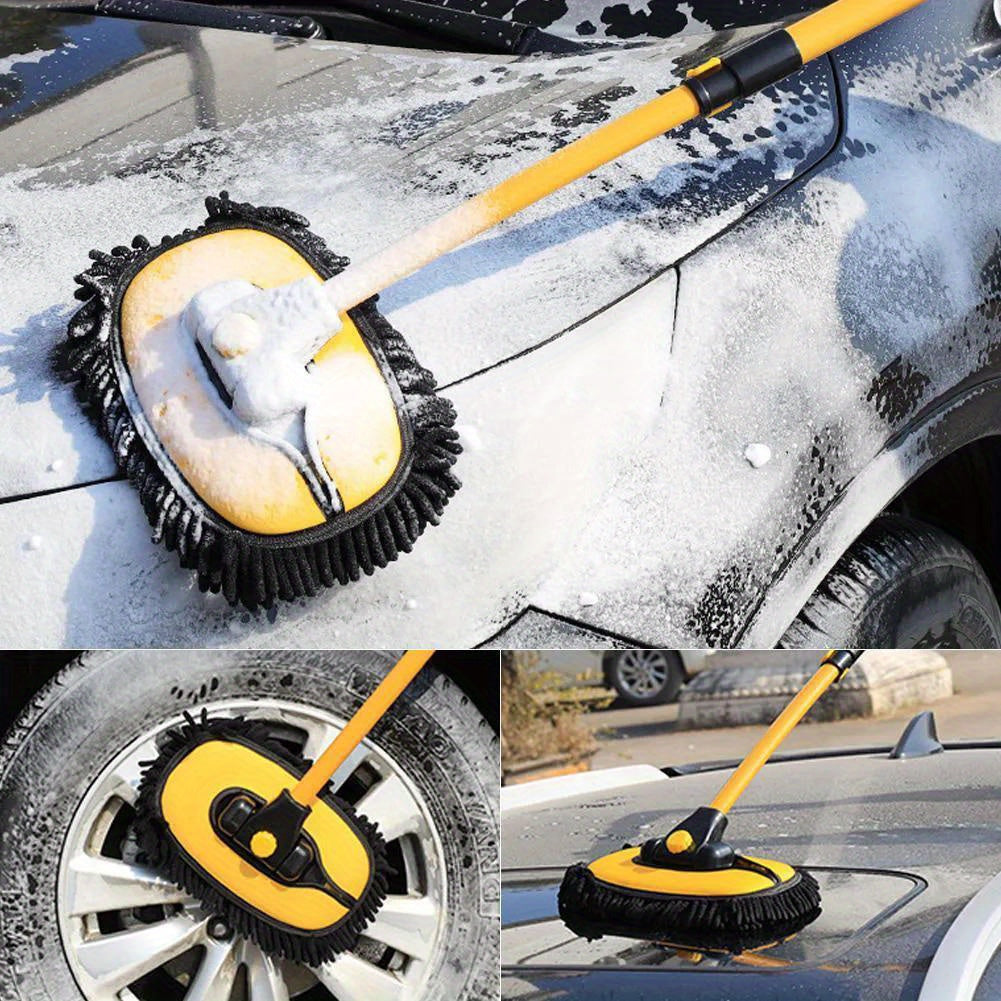 1x Yellow Car Wash Brush Telescoping Long Handle Cleaning Chenille Mop Brushes Tool Kit Direct Installation Universal Fitment