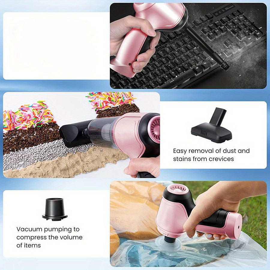 3-in-1 Pink Portable Handheld Wireless Vacuum Cleaner - Compact Car Vacuum with Strong Suction Power for Dry and Wet Cleaning - Cordless, Lightweight, and Easy to Use for Car Interiors and Tight Spaces