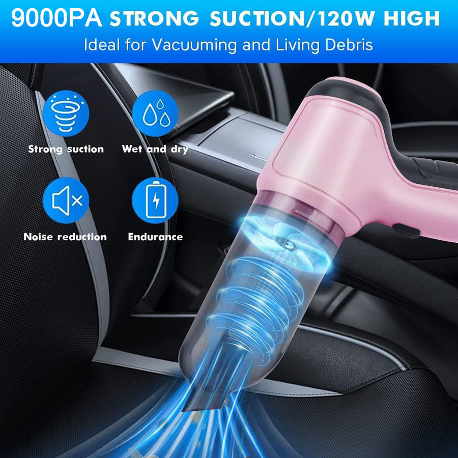 3-in-1 Pink Portable Handheld Wireless Vacuum Cleaner - Compact Car Vacuum with Strong Suction Power for Dry and Wet Cleaning - Cordless, Lightweight, and Easy to Use for Car Interiors and Tight Spaces