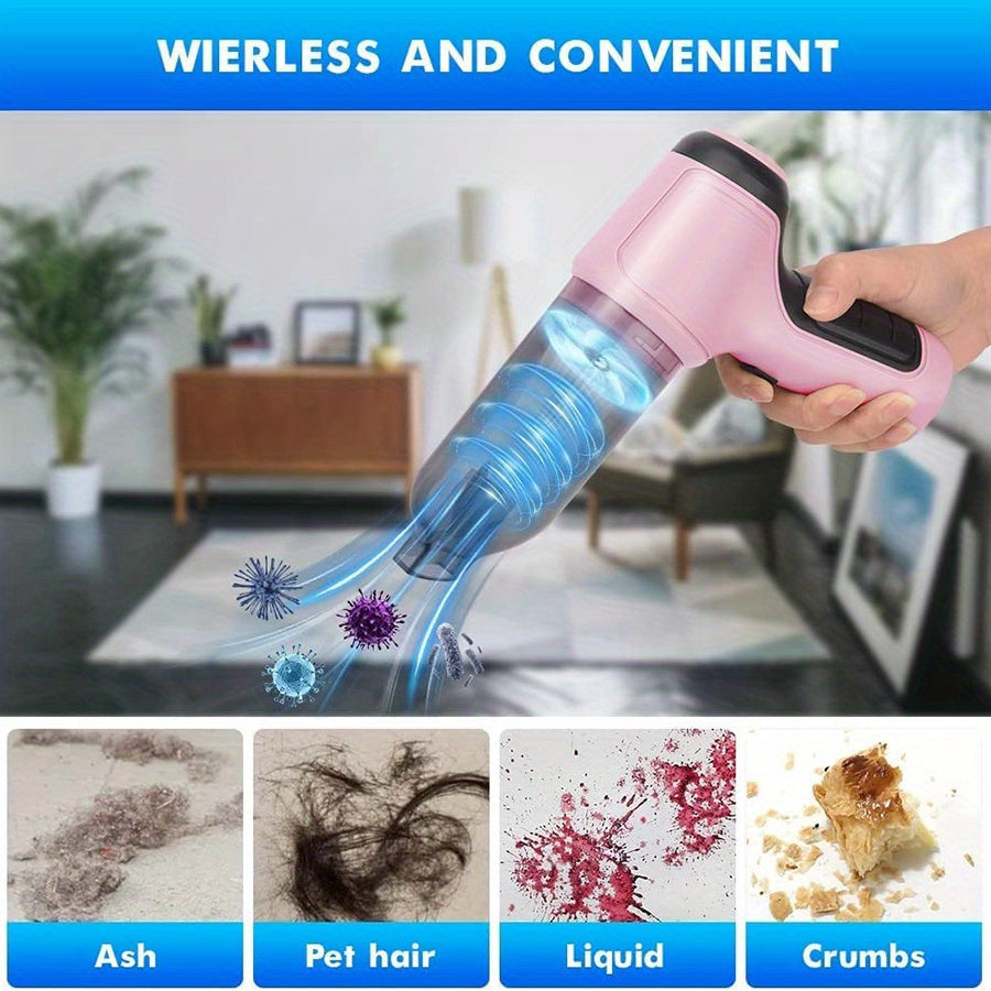 3-in-1 Pink Portable Handheld Wireless Vacuum Cleaner - Compact Car Vacuum with Strong Suction Power for Dry and Wet Cleaning - Cordless, Lightweight, and Easy to Use for Car Interiors and Tight Spaces