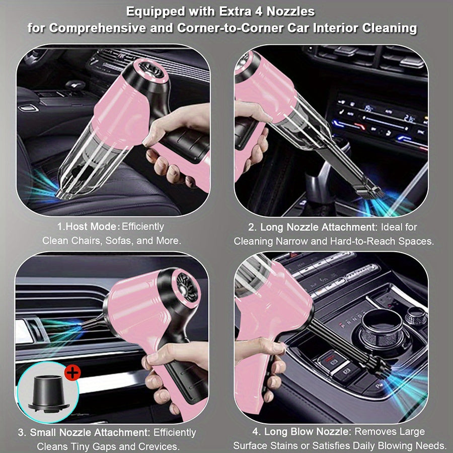 3-in-1 Pink Portable Handheld Wireless Vacuum Cleaner - Compact Car Vacuum with Strong Suction Power for Dry and Wet Cleaning - Cordless, Lightweight, and Easy to Use for Car Interiors and Tight Spaces