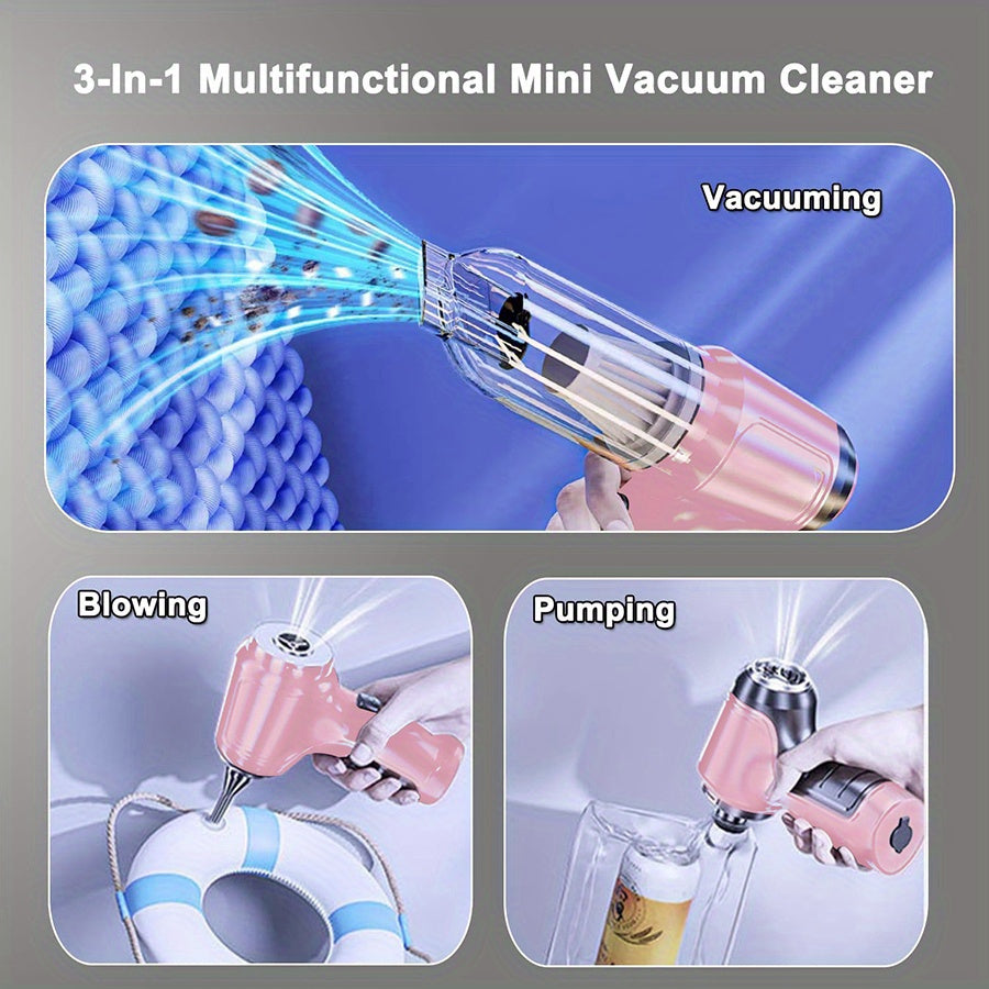 3-in-1 Pink Portable Handheld Wireless Vacuum Cleaner - Compact Car Vacuum with Strong Suction Power for Dry and Wet Cleaning - Cordless, Lightweight, and Easy to Use for Car Interiors and Tight Spaces