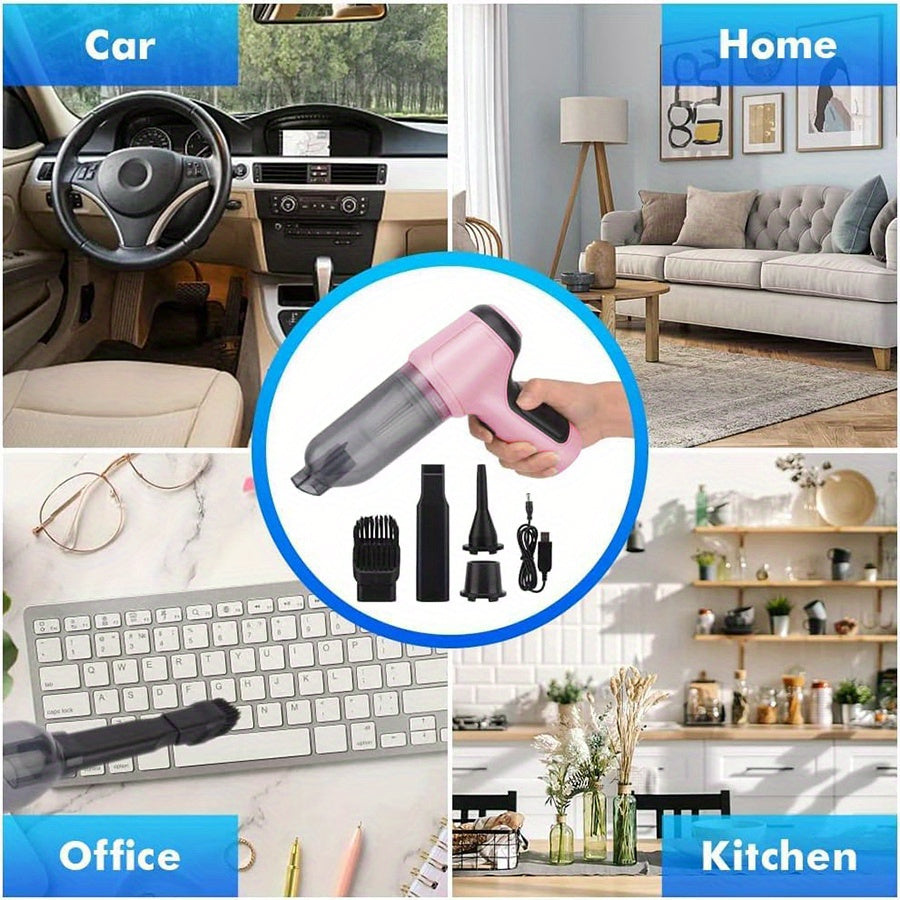 3-in-1 Pink Portable Handheld Wireless Vacuum Cleaner - Compact Car Vacuum with Strong Suction Power for Dry and Wet Cleaning - Cordless, Lightweight, and Easy to Use for Car Interiors and Tight Spaces
