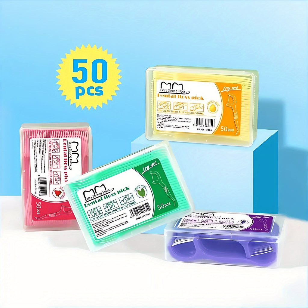 50pcs/box Fruit Flavor Dental Flosser Picks, Deep Cleaning Dental Floss For Proper Oral Care, Portable Disposable Hygienic Flosser For Travel Daily Life ! travel must have