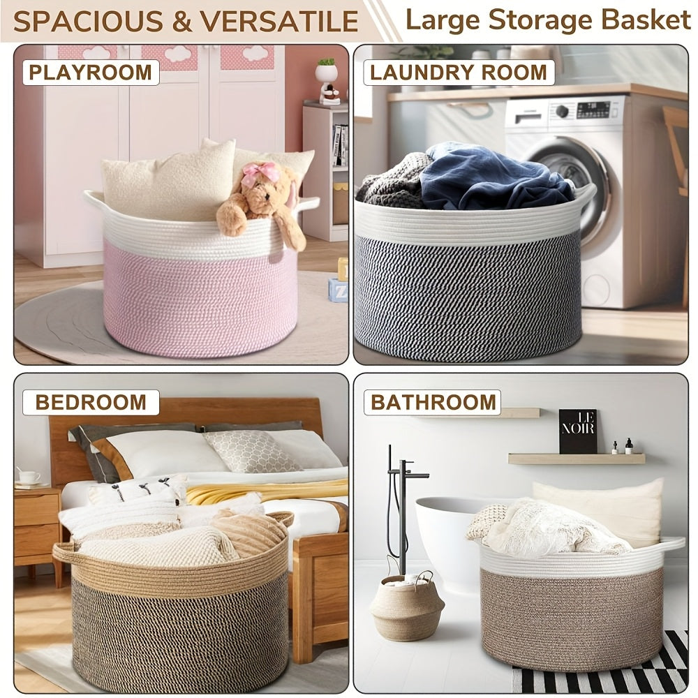 XXL Large Cotton Rope Storage Basket – Foldable Multi-Purpose Organizer for Laundry, Toys, Blankets, and Youngsters Games, Striped Design for Family Gatherings or Home Organization, Laundry Basket