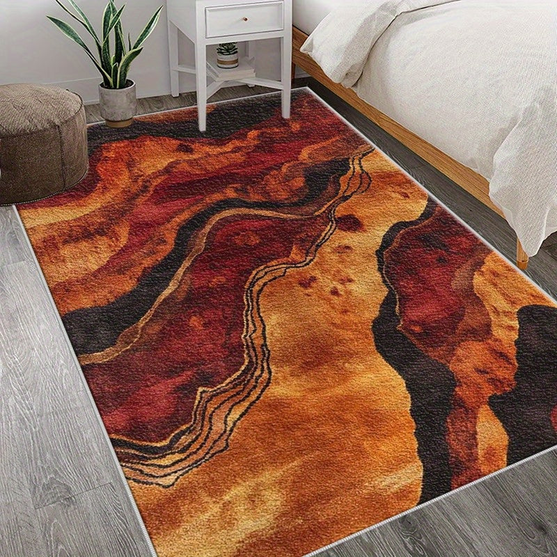 1pc Abstract Artistic Area Mat - Lightweight, Washable & Easy to Maintain, Vibrant Orange, Red, and Black Design, Perfect for Living Room, Bedroom, Dining Room, Office, or Balcony Decor, Machine Washable Polyester, Rectangula