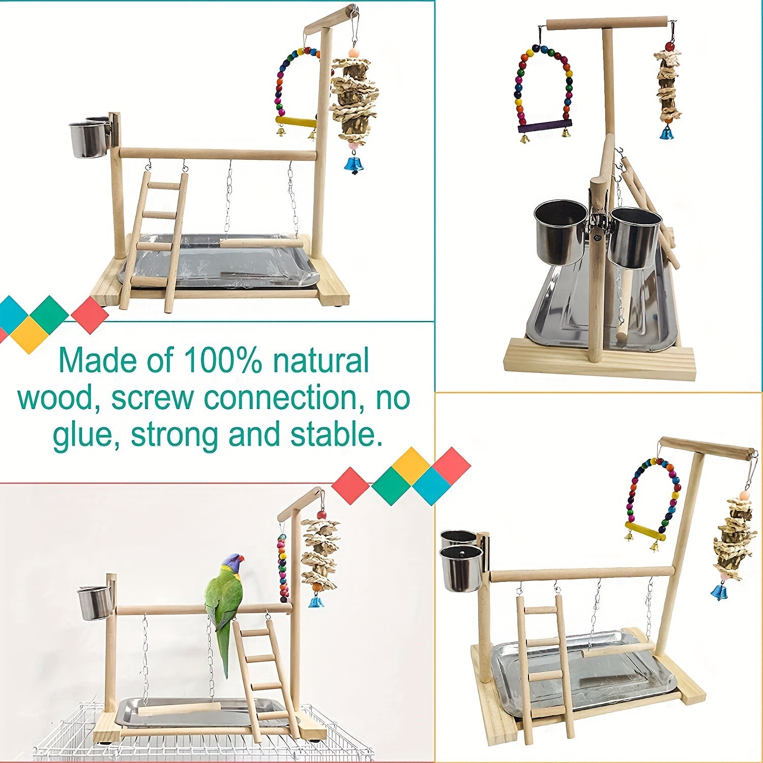 Parrot Play Stand with Swing and Chew Toys - Durable Wood, Ideal for Medium & Small Birds - Interactive Training Station for Lovebirds and Parakeets
