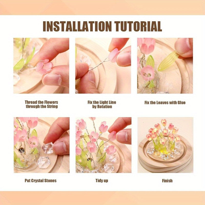 1pc DIY Tulip Night Lamp, Handmade Flower Table Lamp, With Glass Dome Cute Bedroom Sleep Lamp, For Home Room Coffee Table Courtyard Garden Decoration