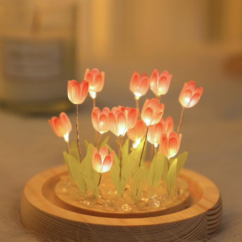 1pc DIY Tulip Night Lamp, Handmade Flower Table Lamp, With Glass Dome Cute Bedroom Sleep Lamp, For Home Room Coffee Table Courtyard Garden Decoration
