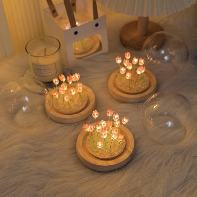 1pc DIY Tulip Night Lamp, Handmade Flower Table Lamp, With Glass Dome Cute Bedroom Sleep Lamp, For Home Room Coffee Table Courtyard Garden Decoration