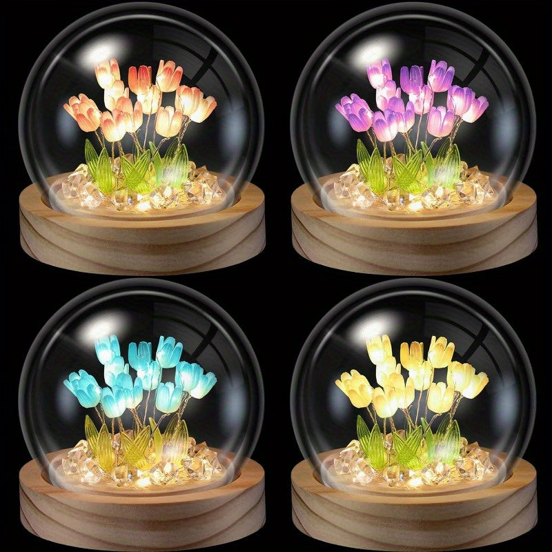 1pc DIY Tulip Night Lamp, Handmade Flower Table Lamp, With Glass Dome Cute Bedroom Sleep Lamp, For Home Room Coffee Table Courtyard Garden Decoration