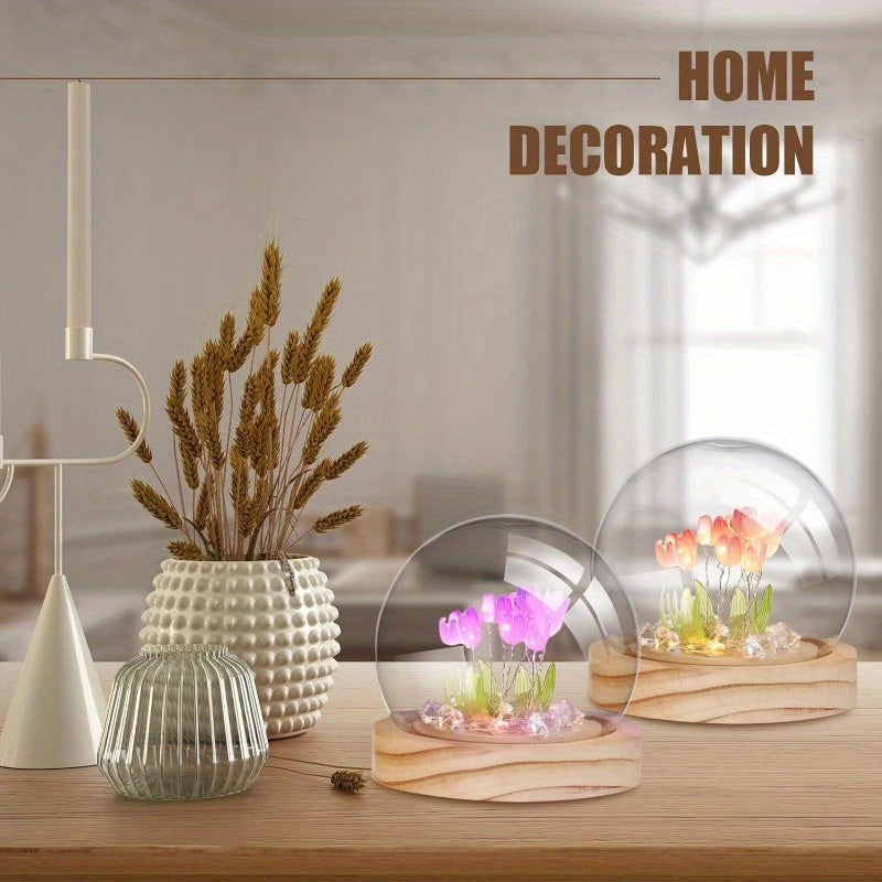 1pc DIY Tulip Night Lamp, Handmade Flower Table Lamp, With Glass Dome Cute Bedroom Sleep Lamp, For Home Room Coffee Table Courtyard Garden Decoration