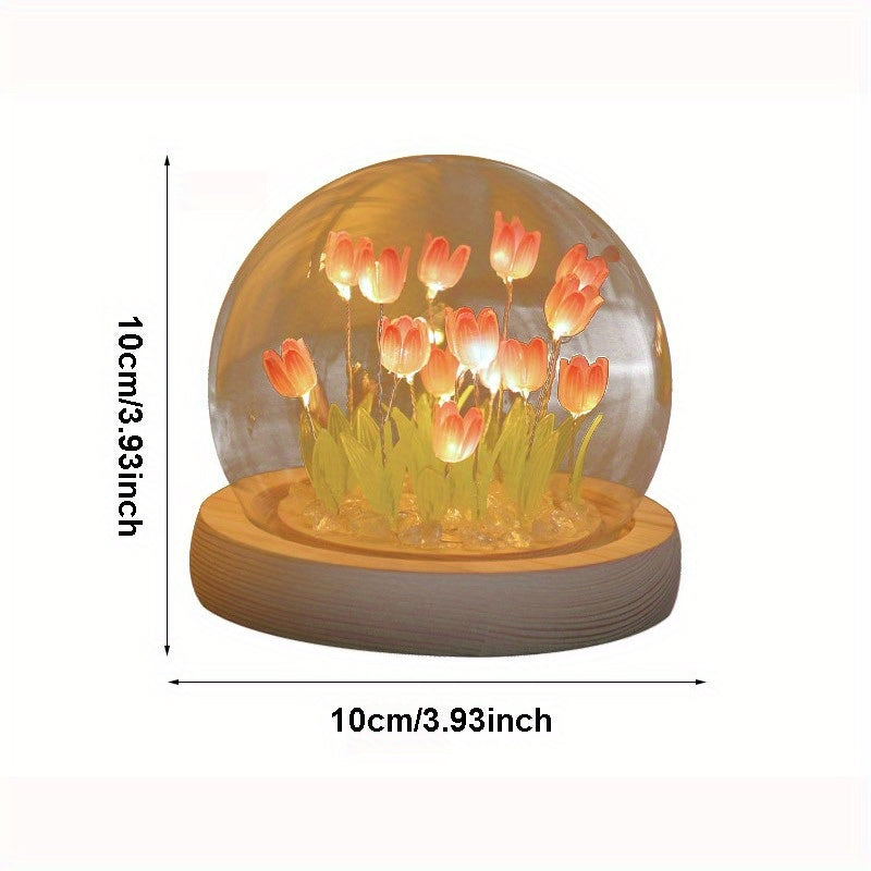 1pc DIY Tulip Night Lamp, Handmade Flower Table Lamp, With Glass Dome Cute Bedroom Sleep Lamp, For Home Room Coffee Table Courtyard Garden Decoration