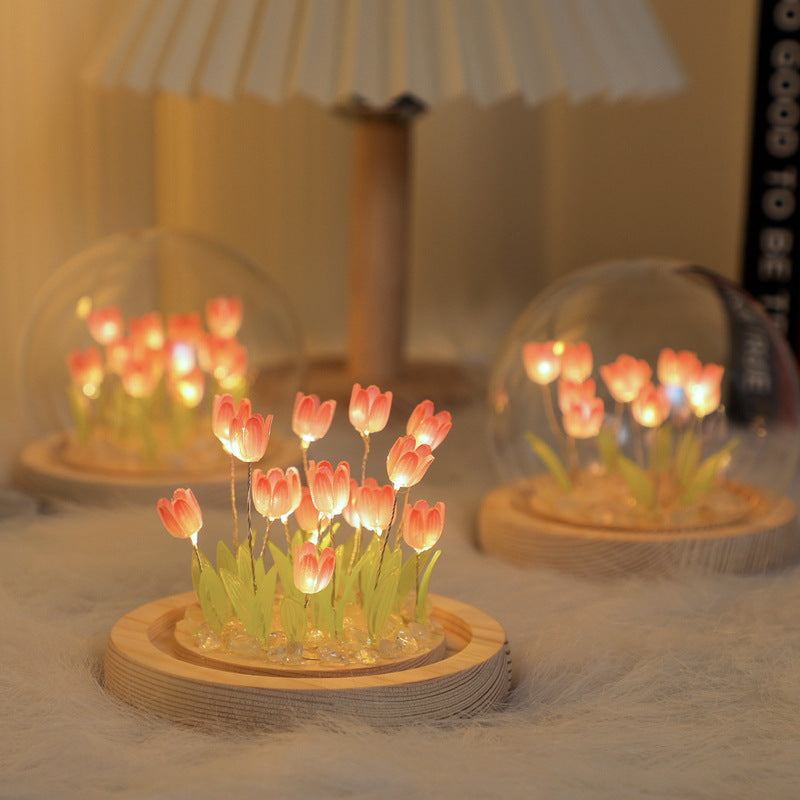1pc DIY Tulip Night Lamp, Handmade Flower Table Lamp, With Glass Dome Cute Bedroom Sleep Lamp, For Home Room Coffee Table Courtyard Garden Decoration