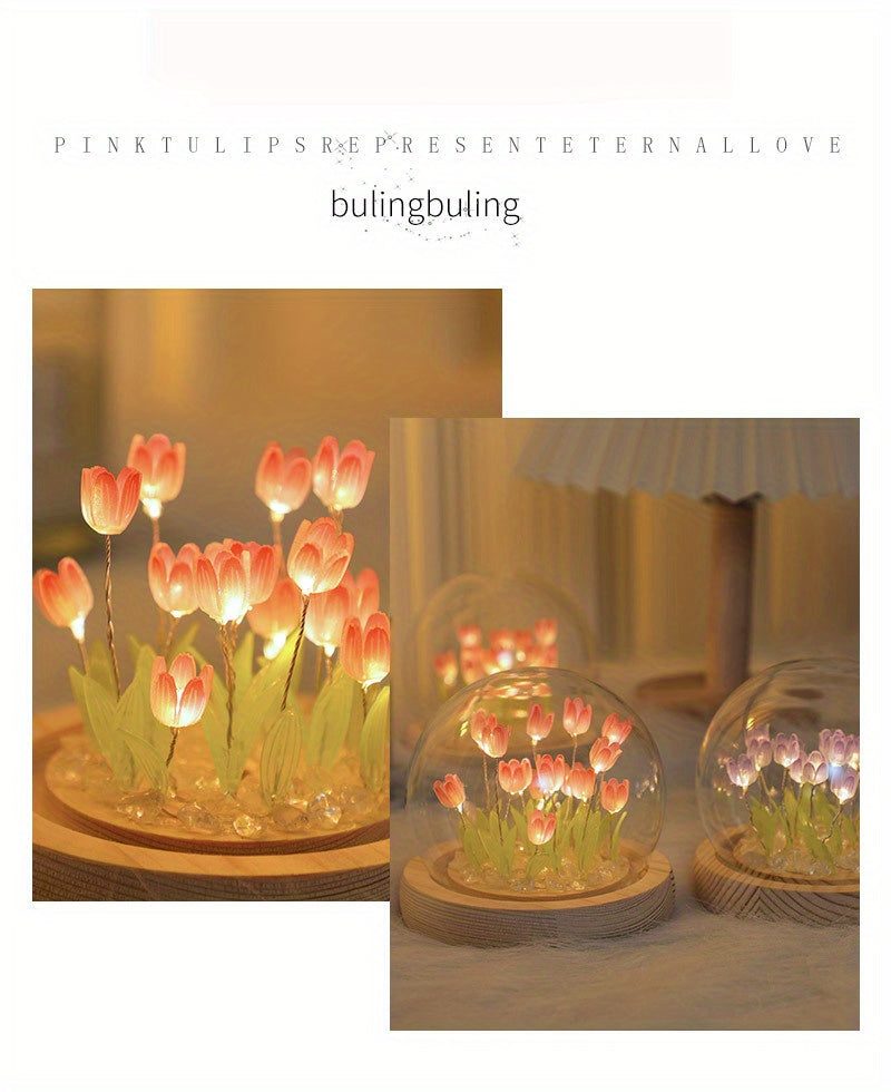 1pc DIY Tulip Night Lamp, Handmade Flower Table Lamp, With Glass Dome Cute Bedroom Sleep Lamp, For Home Room Coffee Table Courtyard Garden Decoration