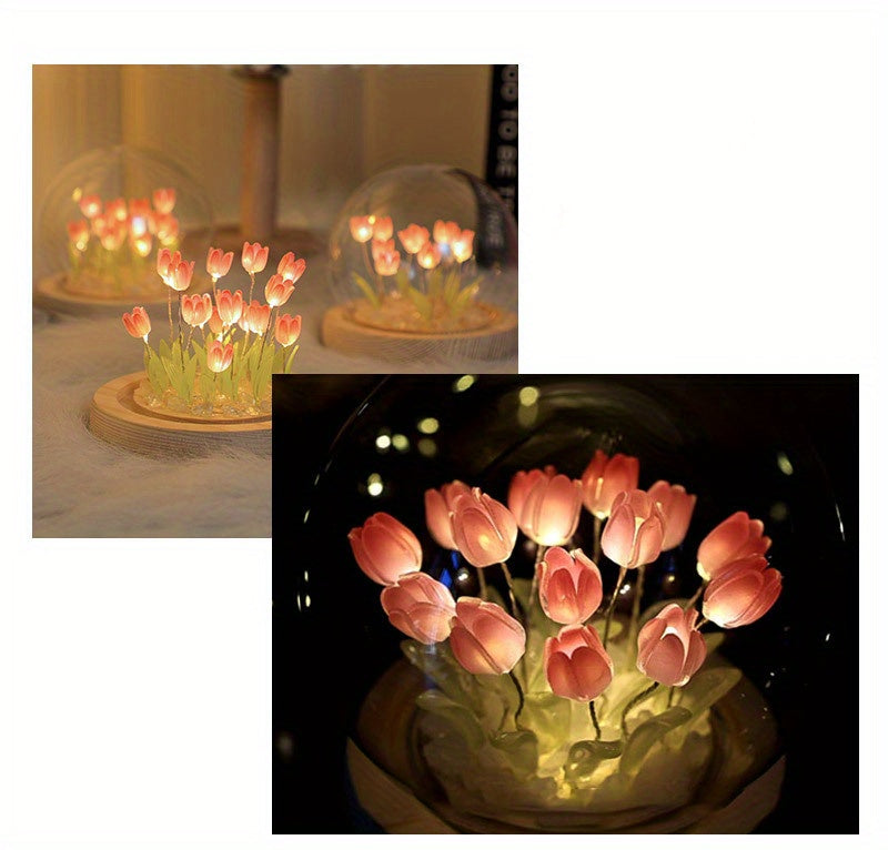 1pc DIY Tulip Night Lamp, Handmade Flower Table Lamp, With Glass Dome Cute Bedroom Sleep Lamp, For Home Room Coffee Table Courtyard Garden Decoration