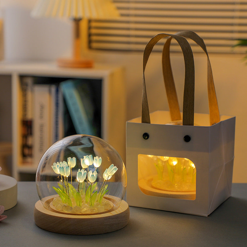 1pc DIY Tulip Night Lamp, Handmade Flower Table Lamp, With Glass Dome Cute Bedroom Sleep Lamp, For Home Room Coffee Table Courtyard Garden Decoration