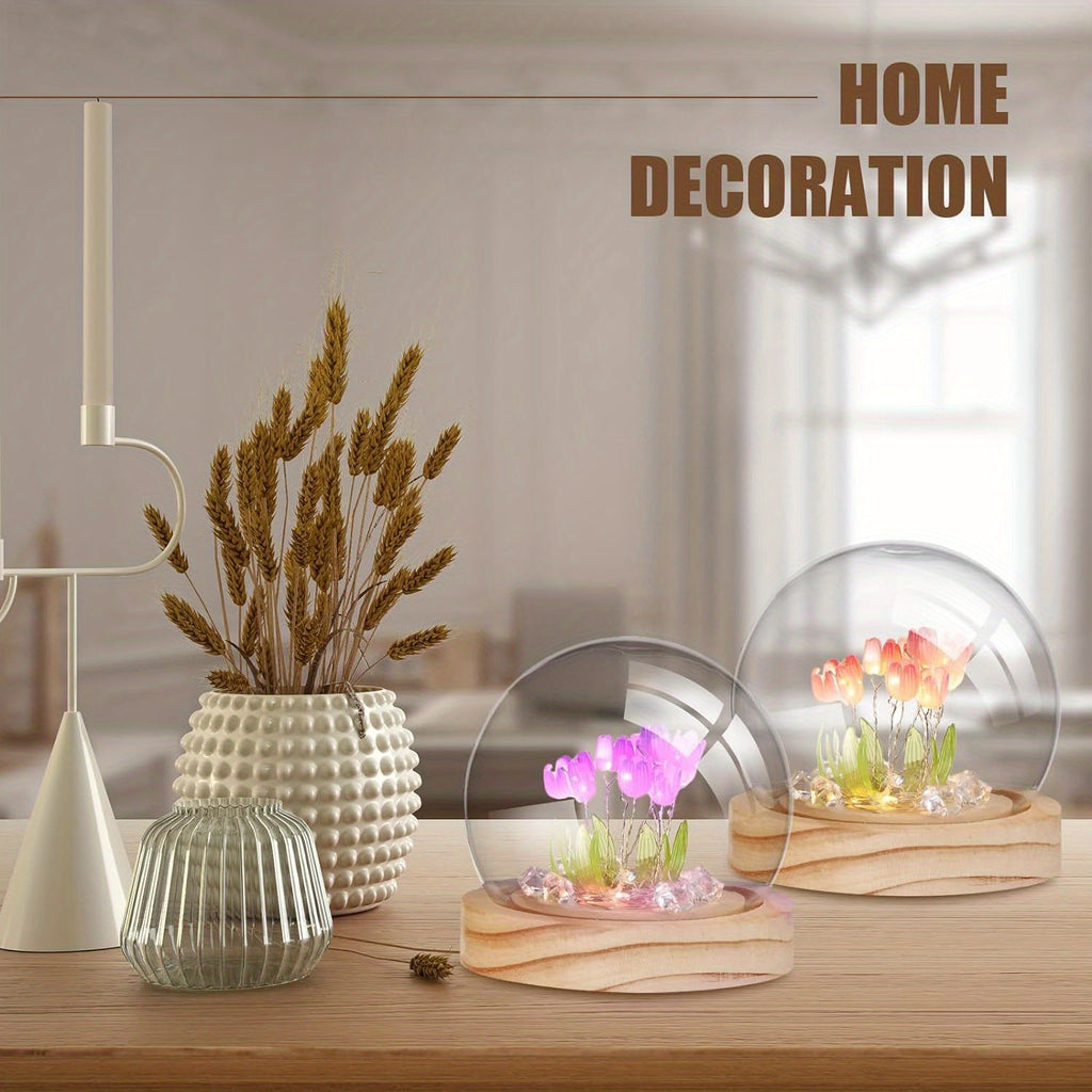 1pc DIY Tulip Night Lamp, Handmade Flower Table Lamp, With Glass Dome Cute Bedroom Sleep Lamp, For Home Room Coffee Table Courtyard Garden Decoration