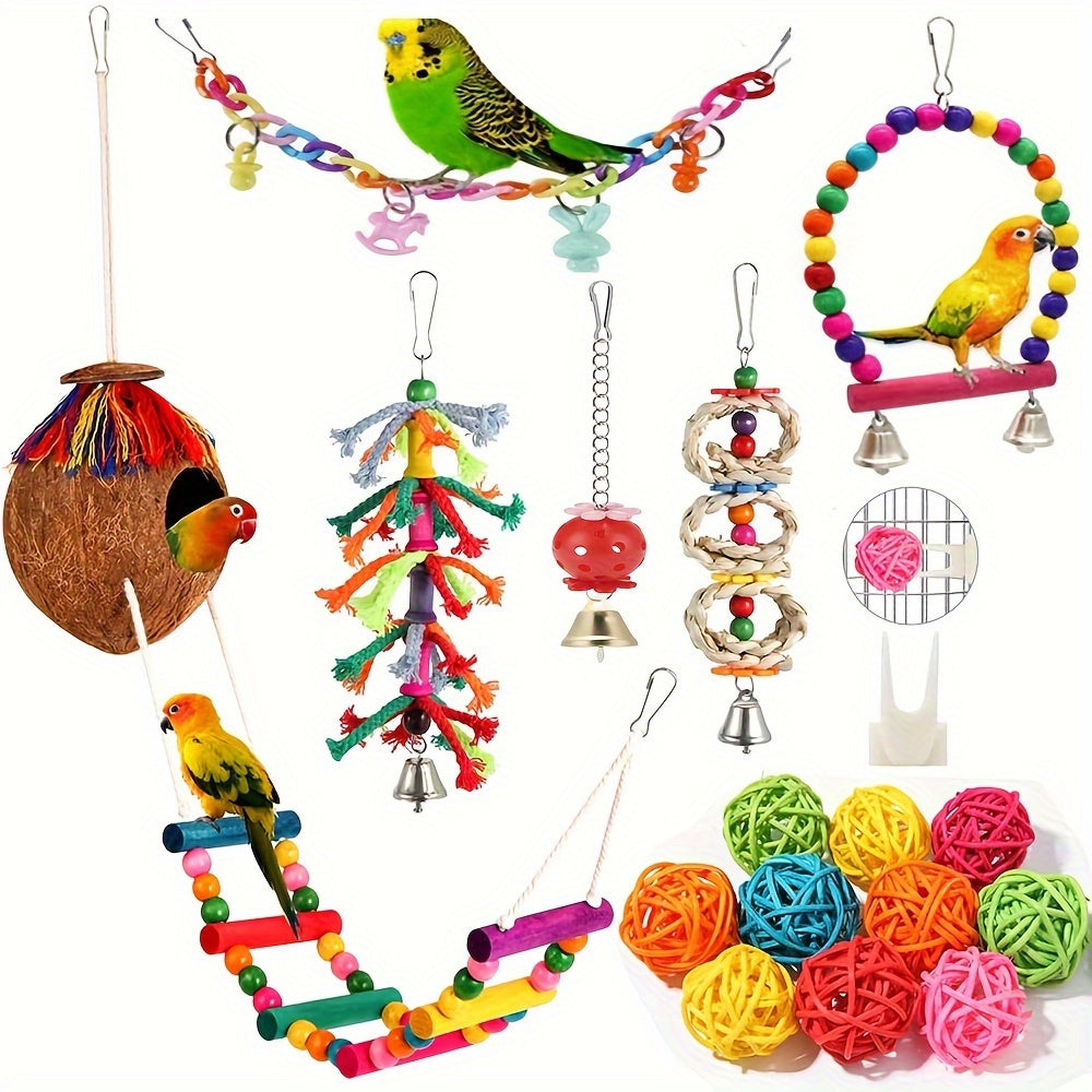 1/3/5pcs Random Bird Toys Bird Parakeet Swing Chewing Hanging Toys Climbing Ladder Coconut Bird Cage Toys Suitable for Cockatiels, Conures, Finches, Budgie, Love Birds