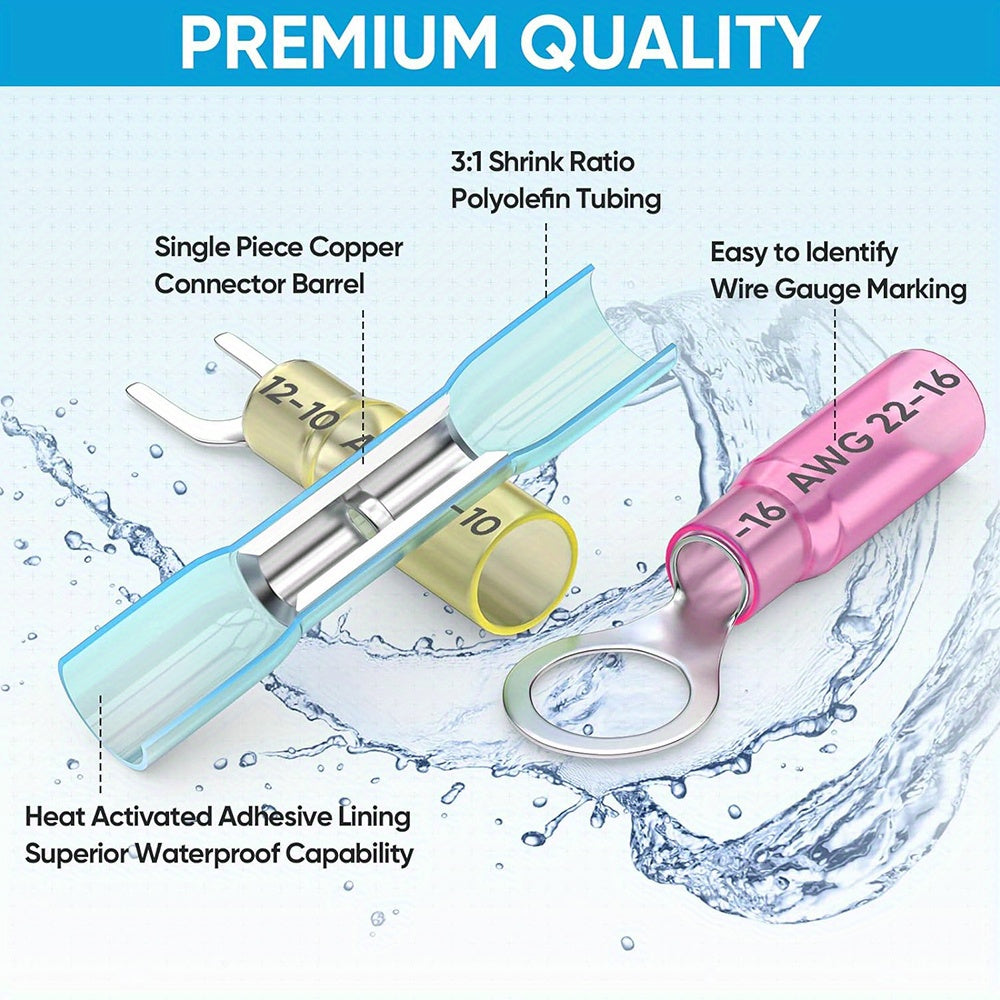 UMLIFE 250pcs Heat Shrink Wire Connectors, Waterproof Automotive Marine Electrical Terminals Kit, Crimp Connector Assortment, Ring Fork Spade Splices