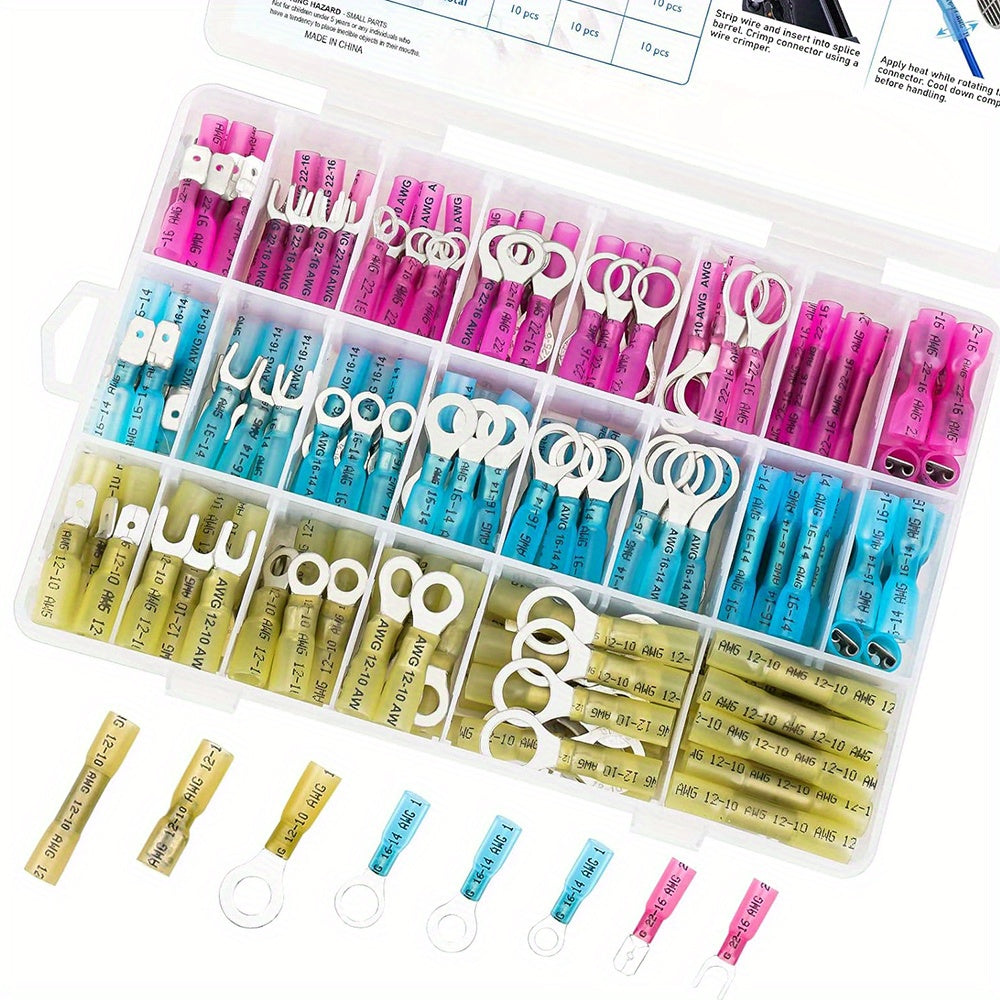UMLIFE 250pcs Heat Shrink Wire Connectors, Waterproof Automotive Marine Electrical Terminals Kit, Crimp Connector Assortment, Ring Fork Spade Splices