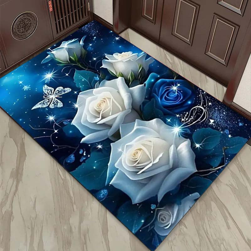 1.76LB/m2 Crystal Velvet 3D Fantastic Blue White Roses Printed Rugs Living Room Carpet Area Rug Bedroom Decor Play Mats Home Rug Non-slip Doormat