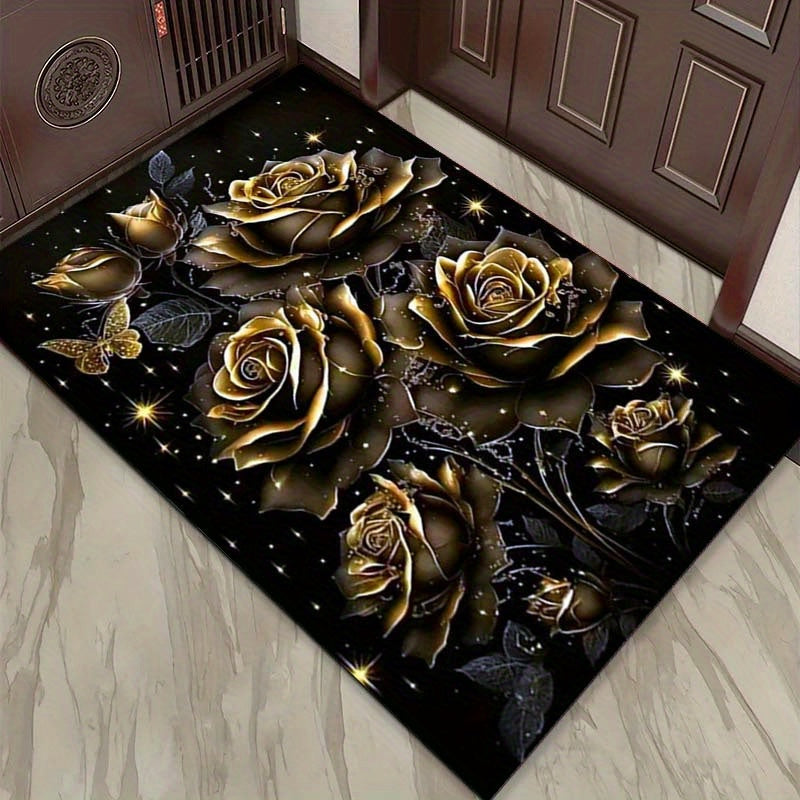 1.76LB/m2 Crystal Velvet Black And Gold Rose Printed Rugs Living Room Carpet Area Rug Bedroom Decor Play Mats Luxury Carpet Non-slip Doormat