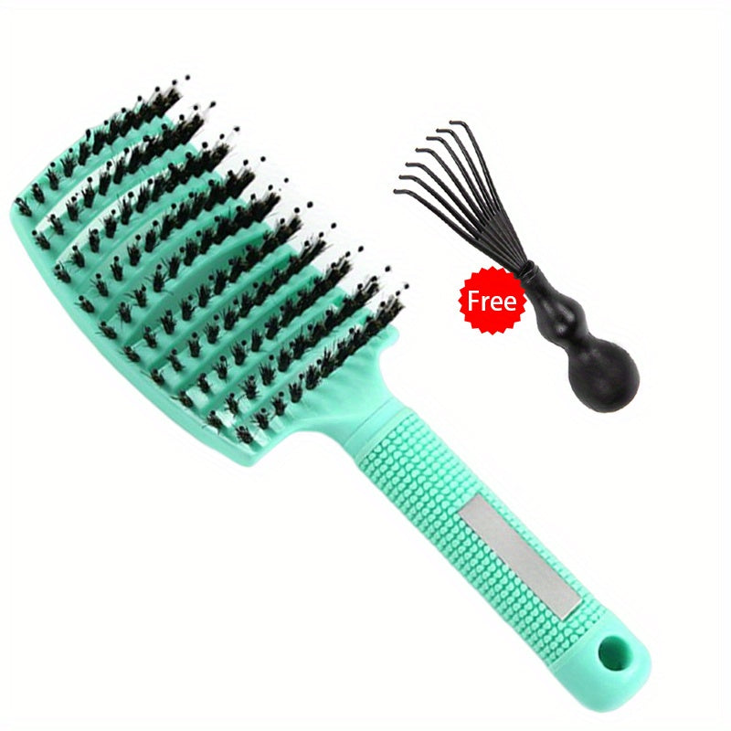 2pcs/Set Hair Brush And Cleaning Brush Set, Bristle&Nylon Detangle Curved Vented Hair Brush, Scalp Massage Hair Comb, Hairdressing Styling Tools