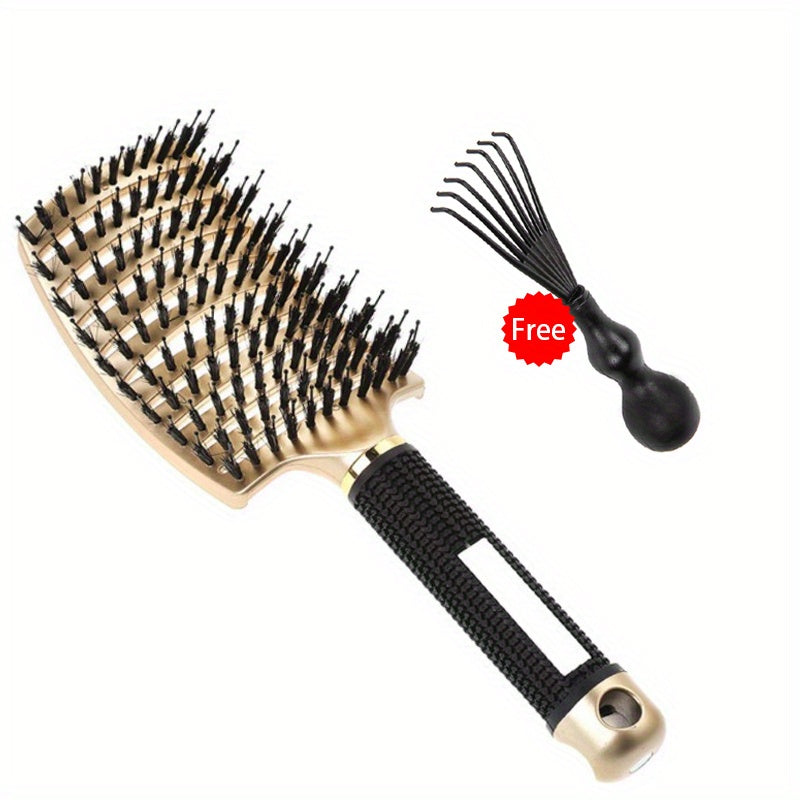 2pcs/Set Hair Brush And Cleaning Brush Set, Bristle&Nylon Detangle Curved Vented Hair Brush, Scalp Massage Hair Comb, Hairdressing Styling Tools