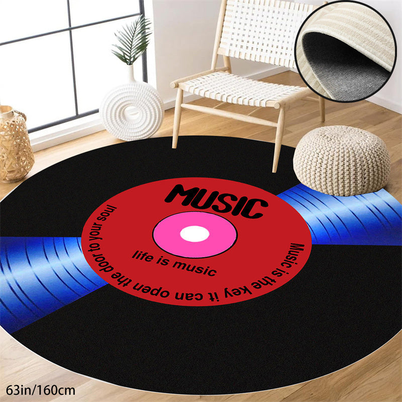 Music Record Black Round Area Rug For Bedroom Living Room Study Playing, Non-Slip Floor Mat Carpet Home Decor Rugs, Washable Carpet For Bedroom Living Room Office