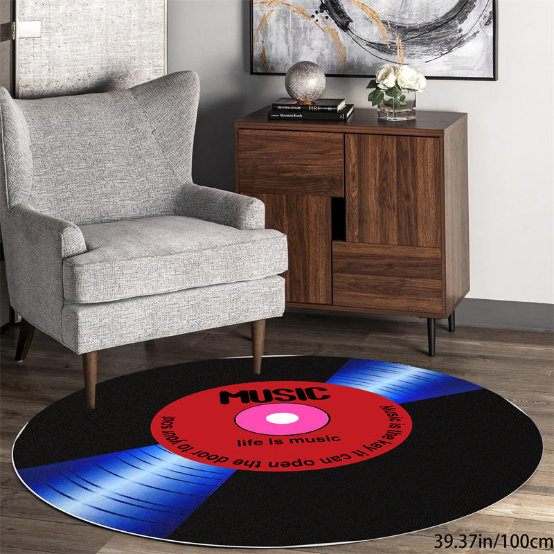 Music Record Black Round Area Rug For Bedroom Living Room Study Playing, Non-Slip Floor Mat Carpet Home Decor Rugs, Washable Carpet For Bedroom Living Room Office