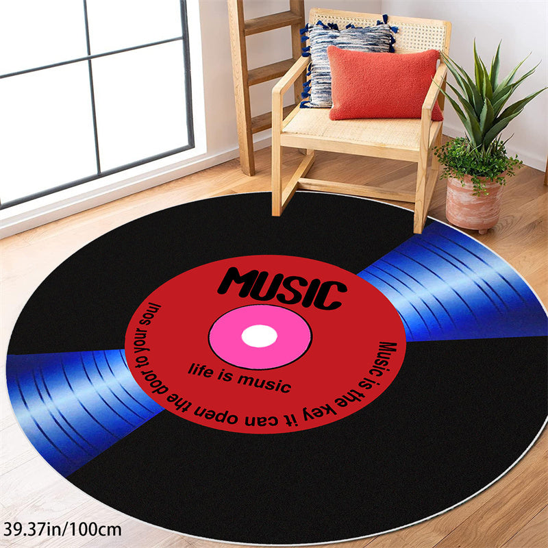 Music Record Black Round Area Rug For Bedroom Living Room Study Playing, Non-Slip Floor Mat Carpet Home Decor Rugs, Washable Carpet For Bedroom Living Room Office