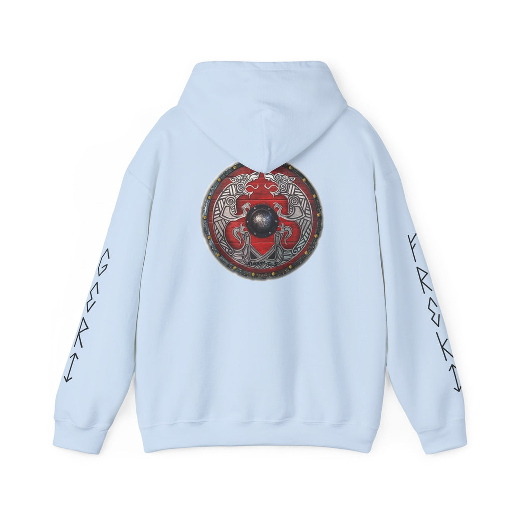 Viking Shield Hoodie — "Let’s Go Avikingri" Norse Rune Sleeve Pullover