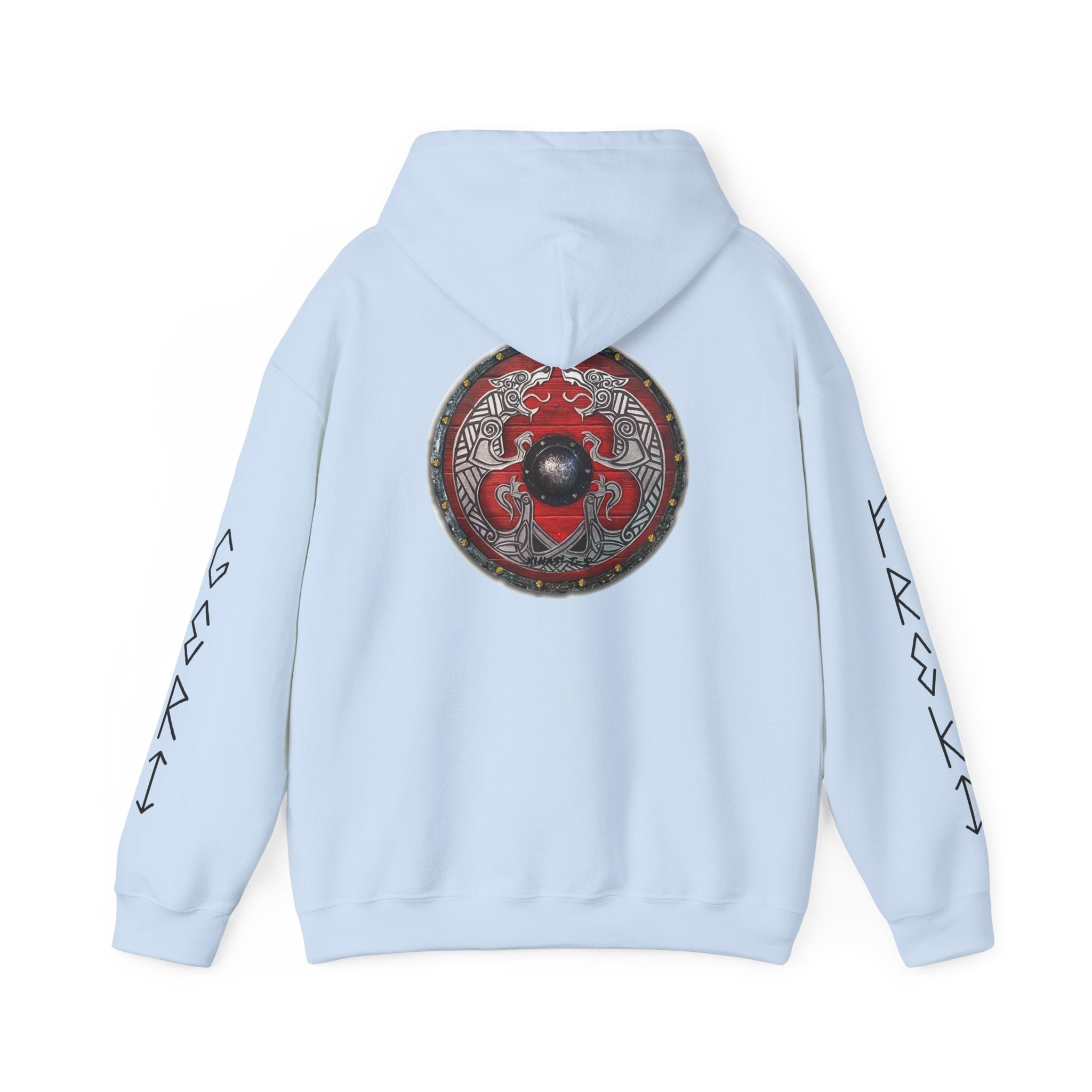 Viking Shield Hoodie — "Let’s Go Avikingri" Norse Rune Sleeve Pullover