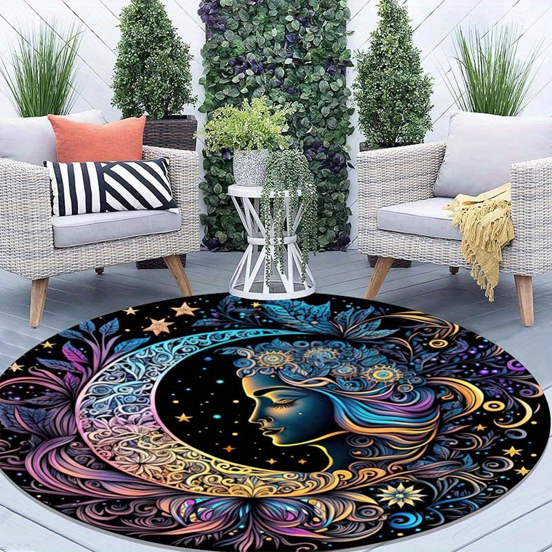 3D Sun Moon Face Printed Round Rug - Vibrant Outdoor Patio Garden Yard Area Rug with Anti-Slip Backing and Soft Pile for Bedroom Living Room Chair - Durable, Water-Resistant, and Easy to Clean Floor Mat