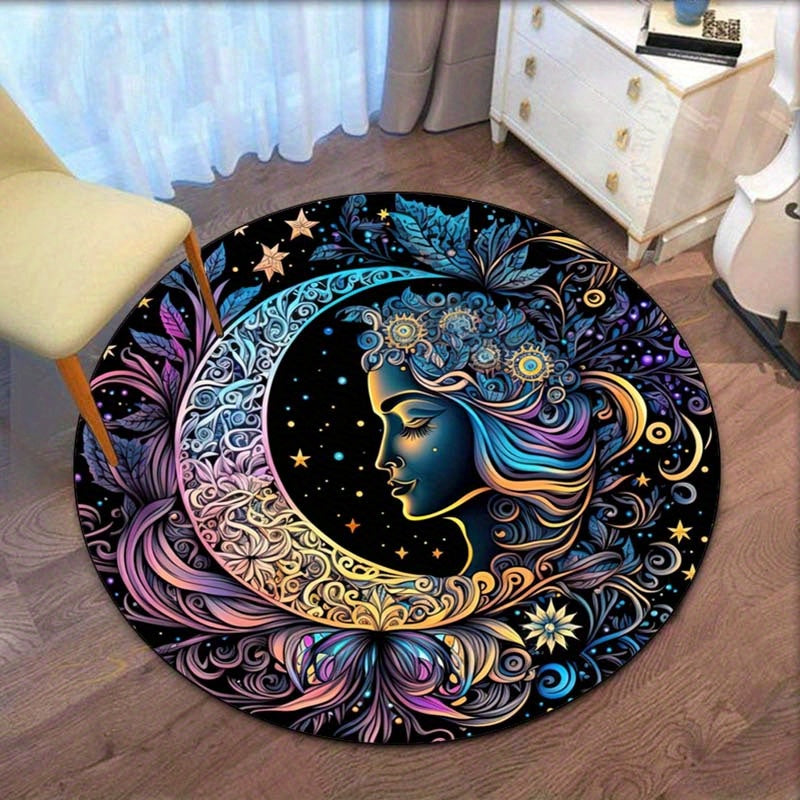 3D Sun Moon Face Printed Round Rug - Vibrant Outdoor Patio Garden Yard Area Rug with Anti-Slip Backing and Soft Pile for Bedroom Living Room Chair - Durable, Water-Resistant, and Easy to Clean Floor Mat