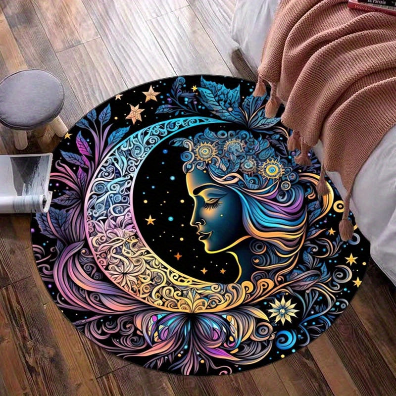3D Sun Moon Face Printed Round Rug - Vibrant Outdoor Patio Garden Yard Area Rug with Anti-Slip Backing and Soft Pile for Bedroom Living Room Chair - Durable, Water-Resistant, and Easy to Clean Floor Mat